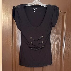 Bebe Black V-Neck Blouse with Button Accents